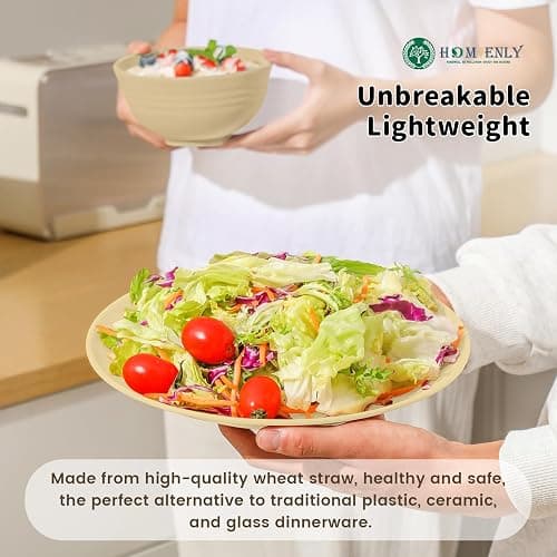 Homienly 24 PCS Premium Wheat Straw Dishes Set for 6, Reusable Plates and Bowls Sets,Cups,Lightweight & Unbreakable Dishwasher and Microwave Safe Dinnerware Sets for Kitchen,Outdoor- Beige - 24 PCS - Beige thumbnail 5