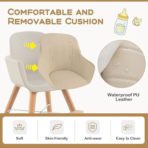 BABY JOY Convertible Baby High Chair, 3 in 1 Wooden Highchair/Booster/Chair with Removable Tray, Adjustable Legs, 5-Point Harness, PU Cushion and Footrest for Baby, Infants, Toddlers (Beige) thumbnail 8