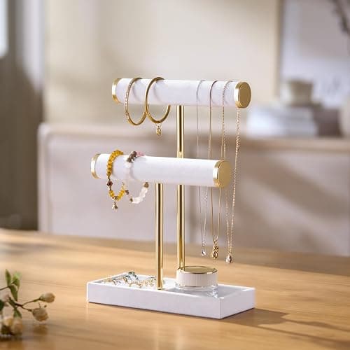Josmimic Schmuck Organizer mit 2 Ebenen - Weiß Schmuckständer Armbänder, Abnehmbarer T-Steg Schmuck Ständer, Samt-Armbandhalter, Schmuckhalter für Armband, Halskette, Uhren, Ringe thumbnail 2