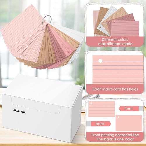 Epakh 300 Pieces Lined Index Cards 180 GSM Thick Flash Cards with Rings Notecards Punched Back to School for Studying Adults Home College Office(3 x 5 Inch,Dark Pink Brown Series) thumbnail 4