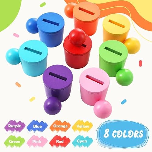 Ball in Cups Toddler Montesssori Toys for 1 Years Old, Rainbow Color Sorting Toy Coin Box Matching Game, Wooden Learning Color for Baby Toddler Age 1-3, Fine Motor Developmental Infants Sensory Toy thumbnail 4