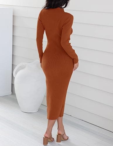 ZESICA Women's 2025 Ribbed Knit Dress Long Sleeve Mock Neck Slim Fit Side Slit Fall Elegant Sweater Dresses thumbnail 4