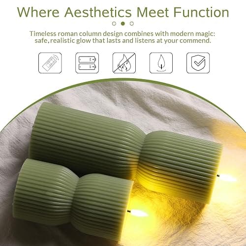 Girimax Olive Green Ribbed Flameless Pillar Candles with Remote, LED Candles Battery Operated Flickering Real Wax Set of 2 thumbnail 4