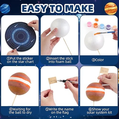 64 PCS Solar System Project Kit, Solar System Model Kit with 13 Mix Foam Balls, Solar System Toys for Kids 3-5, Learn Planets Science Kit School Project Supplies of Bamboo Sticks, Flags, Brushes thumbnail 5