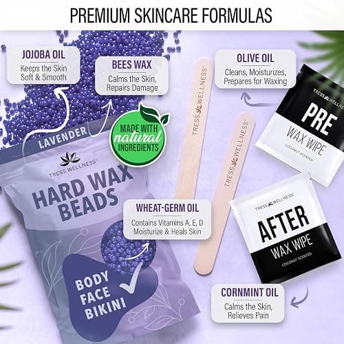 Tress Wellness Waxing Kit for Sensitive Skin – Safe for Face & Skin, Prep & Aftercare Wipes, Easy to Use – At-Home Kit for Face, Bikini, Brazilian & Full Body - Black, No Display thumbnail 3