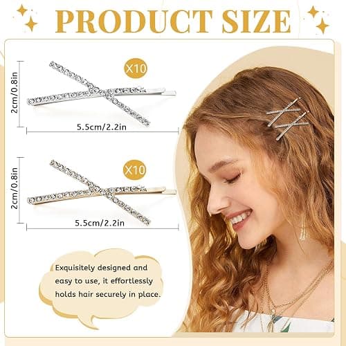 20 Pcs Rhinestone Hair Clips Set, Gold & Silver Crystal Hair Pins, Bling X-Shaped Hair Accessories for Women Girls, Trendy Hair Decor for Party, Wedding, Daily Styling (Gold, Silver,2) thumbnail 3