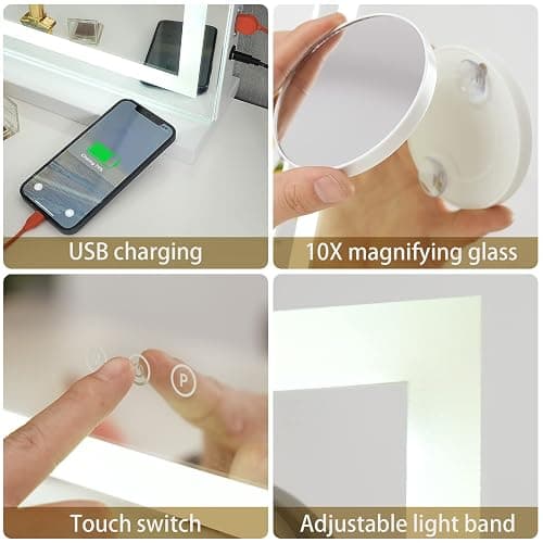 Sucedey Vanity Mirror with Lights, 23" x 18" Makeup Mirror, Hollywood Mirror with 3 Color Modes & Adjustable Brightness, Detachable 10x Zoom Mirror and USB Charging Design (White) thumbnail 6