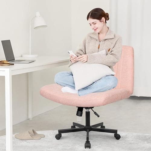 Orange Factory Criss Cross Chair Wheels Wide Cross Legged Office Desk Vanity Chair Comfy Fabric Armless Adjustable Swivel for Home Computer Task (Pink) thumbnail 3