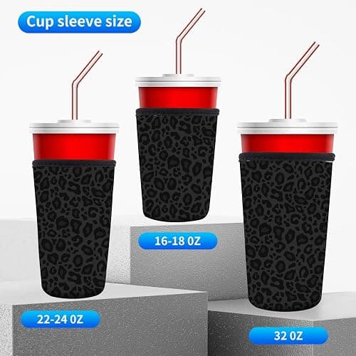 AUEKLLW 3 Pack Reusable Neoprene Insulator Sleeve for Iced Coffee Cups, Funny Coffee Cup Sleeves for 16-32oz Coffee cups, Cute Drink Sleeve for Cold Hot Beverages Cute Black Leopard thumbnail 5