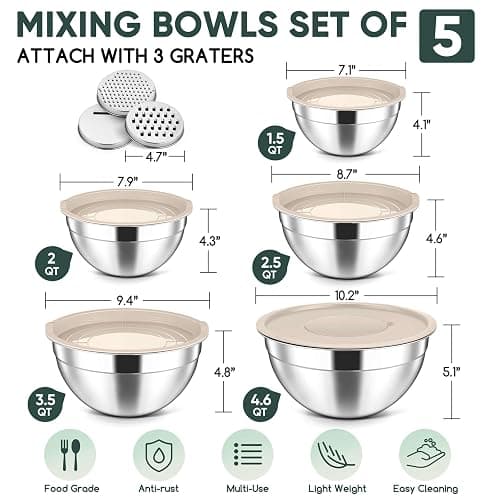 Herogo 5-Piece Mixing Bowls with Lids, 3 Grater Attachments, Stainless Steel Salad Bowls for Kitchen, Size 4.6, 3.5, 2.5, 2, 1.5QT Ideal for Baking, Prepping, Mixing and Serving, Khaki thumbnail 2