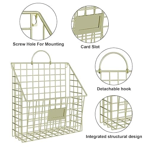 Yuzehuaza Wall File Organizer Mesh Hanging Wall Files Holder,Magazine Rack and Mail Basket with Hooks, Office Wall Organizer for Papers Folders Files Clipboard 4 Packs, Gold(Patent Pending) thumbnail 6