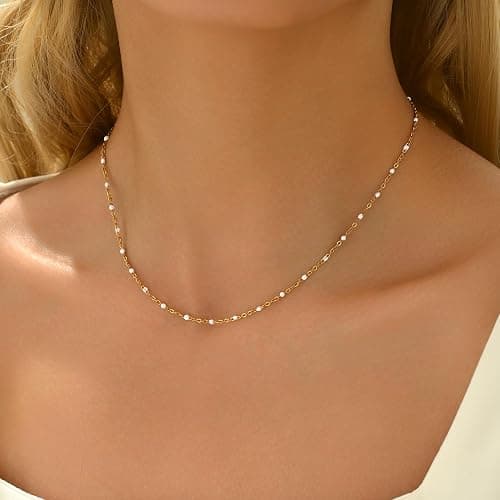NONAMOIS Gold Chain Necklace for Women Dainty 18K Gold Plated Thin Satellite Beaded Turquoise Necklace Simple Layered Boho Jewelry Christmas Gifts thumbnail 2