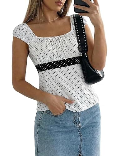 Women's Babydoll Tops Y2k Fairy Baby Doll Tops, Cap Sleeve Polka Dot Top with Adjustable Waist Tie, Flowy Going Out Tops thumbnail 4