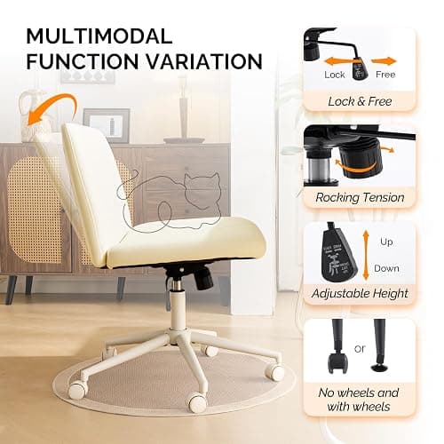 VINGLI Criss Cross Legged Chair,Wide Comfy Office Desk Chair,Dual-Use with/no Wheels Computer Task Chair,Swivel Armless Vanity Rolling Chair for Study,Make Up,Home Office,Cat Scratch PU Leather,Beige thumbnail 6