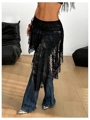 SHENHE Women's Lace Skirt Low Rise Asymmetrical Boho Hip Covering Skirt | Y2k, Fairy, Flowy, Western, See-Through, Vacation, Casual, High Waist thumbnail 2