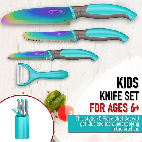 TruChef 5-Piece Kids Cooking Chef Knife Set | Real Stainless Steel Knives with Peeler, Serrated Knife & Holder | Kids Safe Rounded Tips, Easy-Grip Handles | Kitchen Knife Set (5 pcs, Aqua) thumbnail 7