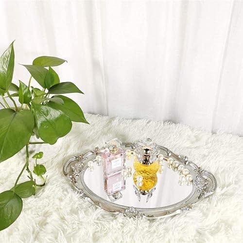 Yamfurga Oval Decorative Mirror Tray, French Style, Makeup Organizer, Jewelry Organizer, Serving Tray, 9.8"x 14.6", Golden Silver thumbnail 9