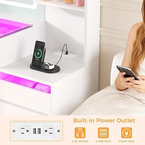 BEWISHOME 49.2" Vanity with Mirror and RGB Lights,Full-View Glass Desktop | White Makeup Vanity Table with 10 RGB Drawers,4 Shelves 5 Hooks and Power Outlet,Dressing Table for Girls Women Bedroom thumbnail 8