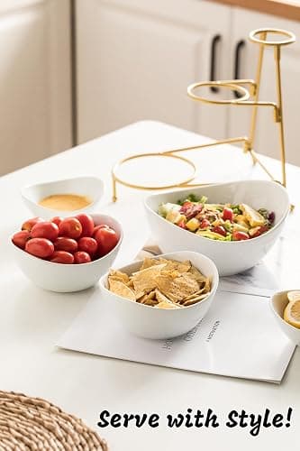 LAUCHUH 3 Tier Serving Stand Serving Dishes for Entertaining Porcelain Oval Bowl Set Tiered Serving Tray for Fruit, Vegetable, Nuts, Salad, Chip Dip Bowl Set for Father's Day, Gold thumbnail 2