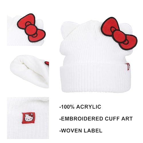 Hello Kitty Novelty Ear White Acrylic Beanie with Cut Fabric Bow with Embroidery and Red Woven Label Cuff Beanie thumbnail 2