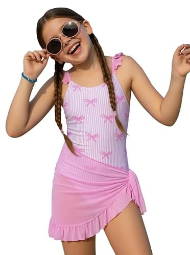 Ecolala Girls One Piece Swimsuits Ruffle Straps Bow Stripe Print Cute Bathing Suits with Mesh Swim Cover Up Skirt thumbnail 4