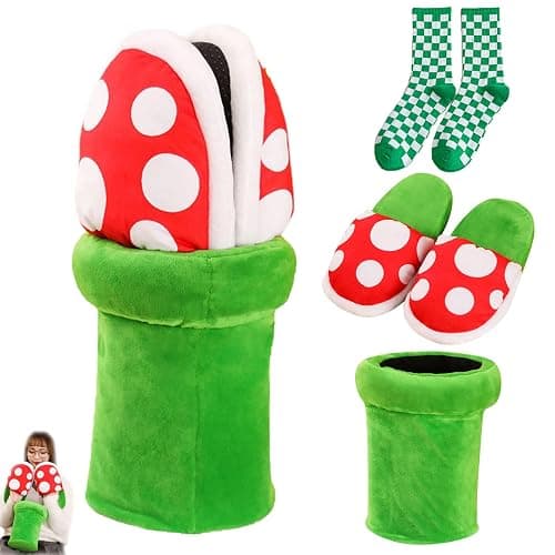 Jfxgjuv Piranha Plant Slippers, Mushroom Slippers with Pipe Pot Holder, Piranha Plants Plush Funny Loafers with Green Socks - Image 1