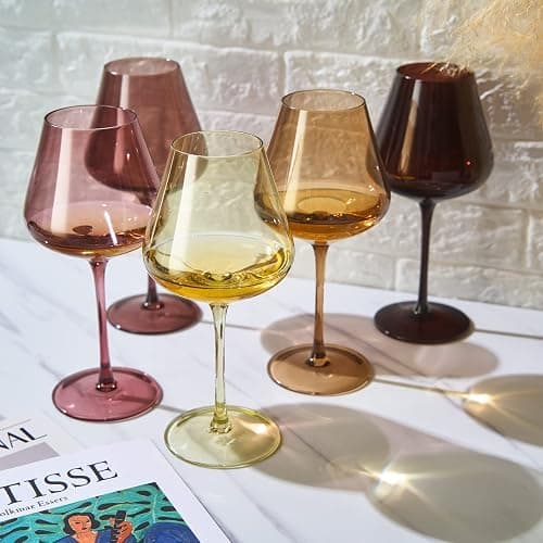 Terracotta Mars Collection Colored Crystal Wine Glass Set of 5, Gift For Him, Mom Dad Friend - 20 oz Glasses, Unique Italian Style Tall Drinkware - Red & White, Beautiful Glassware thumbnail 6