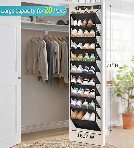 AOODA 10 Tier Clear Over the Door Shoe Organizer Storage, Deep Pockets Large Hanging Shoe Rack for Closet Door, Fit 20 Pairs Shoe Holder Hanger for Sneakers, Boots (Black) thumbnail 2