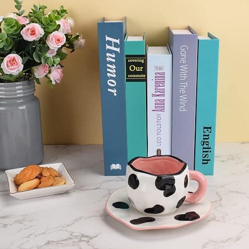 Koythin Cow Mug, Ceramic Coffee Mug with Saucer Set, Cute Cup Unique Irregular Design for Office and Home, Dishwasher and Microwave Safe, 10oz/300ml for Latte Tea Milk (Small Cow) - Small Cow thumbnail 7