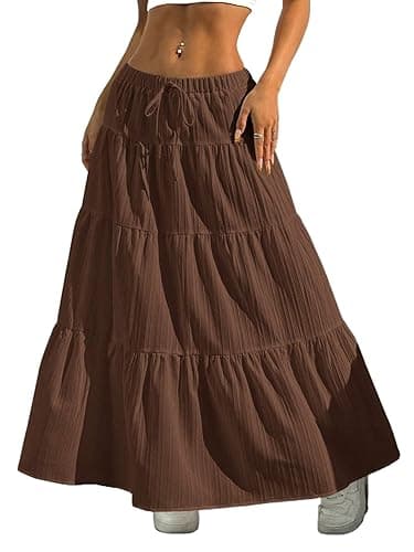 Xuani Maxi Skirts for Women Ruffle Hem A Line Long Skirts Elastic Waist Elegant Tiered Layer Boho Long Dress