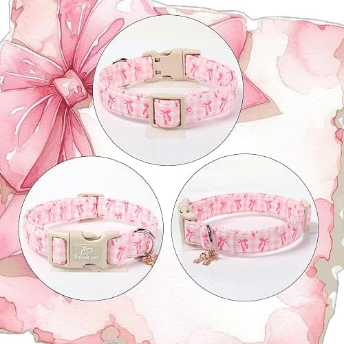 Babole Pet Girl Dog Collar for Small Dogs - Cute Pink Plaid & Bow Print Spring/Summer Puppy Collar, Soft Adjustable Holiday Female Dog Collars with Quick Release Buckle S thumbnail 5