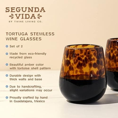 Segunda Vida Tortuga Hand Blown Wine Glasses, Recycled Mexican Glassware with Tortoise Shell Pattern, Stemless Drinking Glasses for Wedding Gifts, Housewarming, Cocktail Party, 13 oz Set of 2 thumbnail 2