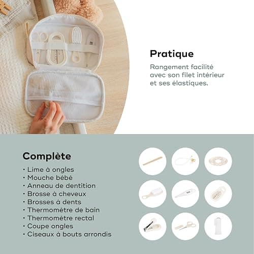 Babymoov Trousse de Soin Bébé - Compacte & Nomade - Dès la naissance - 9 Accessoires Essentiels Soin de Bébé dont Brosse à Cheveux, Thermomètre digital, Thermomètre de bain, Petit Coupe Ongles, Sable thumbnail 6