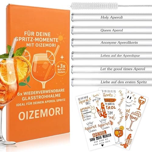 6 Stück 20cm Glasstrohhalme Aperol Spritz, Wiederverwendbar Glas Strohhalm Aperol Spritz Geschenkset mit Reinigungsbürste und 3 Rub On Sticker, für Cocktails, Smoothie und Säfte - Image 1