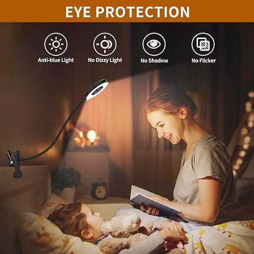 iZELL Desk Lamp, LED Reading Light with Clamp, 3 Color Modes & 10 Brightness Silicone Flexible Arm Book Light for Kids Reading Book in Bed at Night Clip on Table, Zoom Meetings - 15.8'' Black thumbnail 5