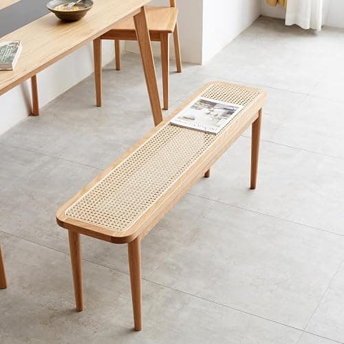 Wayshome 39.4'' Natural Rattan Dining Bench with 100% Solid Oak Wood Bench Frame, Bed End Shoe Ottoman for Kitchen Bedroom Entryway, Natural Oak - Image 1