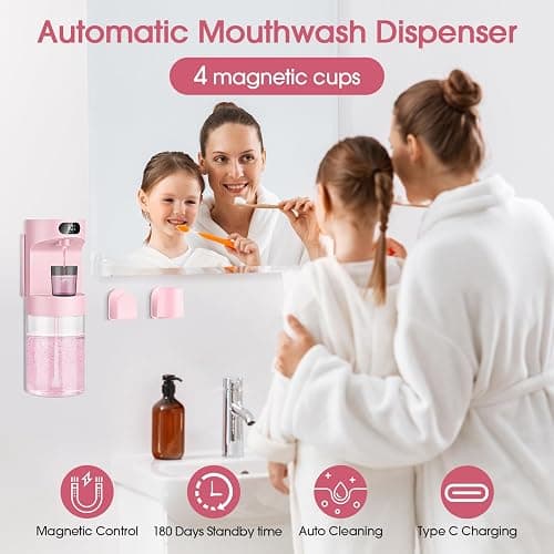YenLove Automatic Mouthwash Dispenser for Bathroom,20.29 oz Touchless Electric Mouth Wash Dispensers Bathroom Accessories Set with 4 Magnetic Cups,4 Modes Wall Mounted Mouth Wash Dispenser for Home thumbnail 2