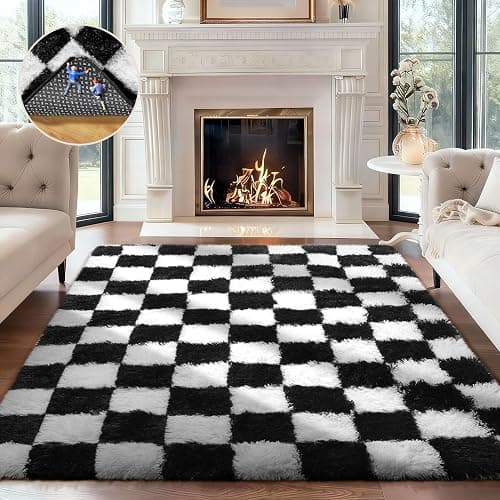 Ophanie Checkered Black & White Rug for Living Room Bedroom, Fluffy Soft Cute Fuzzy Area Rugs, Shag Plush Shaggy Bedside Floor 4x6 Furry Carpet for Kids Baby Teen Dorm Nursery Home Decor Aesthetic - Image 1