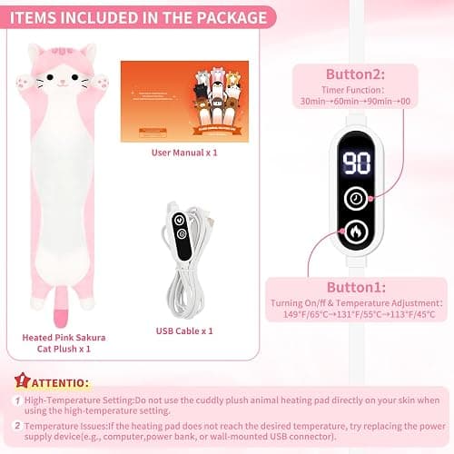 Sprinqdawin Sakura Cat Heating Pad-USB Heated Plush Stuffed Animals for Period Cramps and Menstrual Pain Relief,22” Portable Electric Kitten Heating Pads,Built-Pocket Plush Girls Birthday Gifts,Pink thumbnail 3