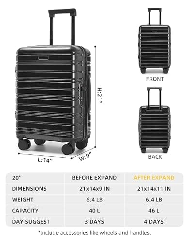 LARVENDER Carry On Luggage 22x14x9 Airline Approved, 20 Inch Expandable PC+ABS Hardside Suitcase Carry On Luggage with Spinner Wheels TSA Lock for Women Men (Black) thumbnail 5