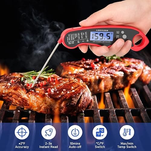 Lonicera Meat Thermometer Digital for Cooking Food. Waterproof & Instant Read for Kitchen Baking, BBQ. with Foldable Probe, Backlight & Calibration (Red) thumbnail 2
