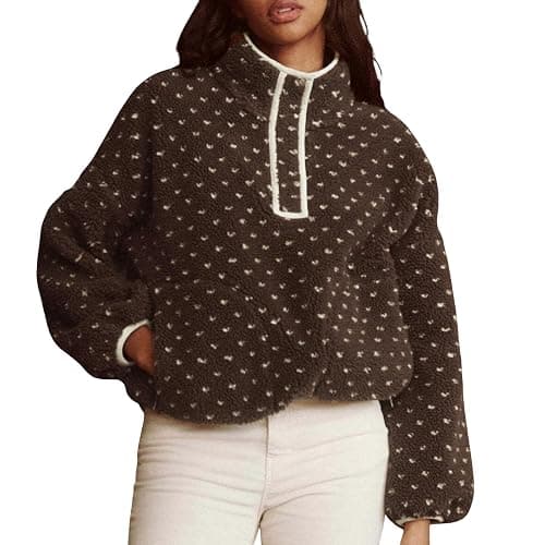 Yioaga Fuzzy Fleece Jacket Women Long Sleeve Half Button Down Tops Casual Sherpa Pullover Sweatshirt Warm Winter Outerwear - Image 1