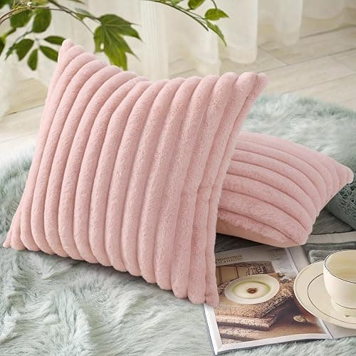 decorUhome Faux Fur Christmas Throw Pillow Covers 18x18 Set of 2, Decorative Soft Plush Striped Neutral Couch Euro Pillow Covers with Velvet Back for Sofa, Bed, Living Room Home Decor, Pink thumbnail 4
