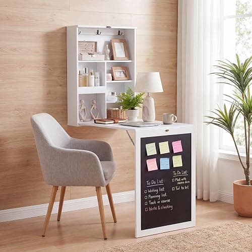 Tangkula Foldable Wall-Mounted Desk, Floating Desk with Chalkboard, Storage Shelves & Hooks, Space-Saving Murphy Table for Home Office, Bedroom, Dorm Room, Small Spaces thumbnail 2