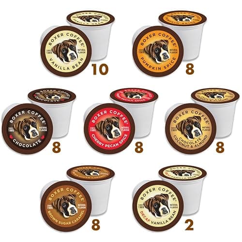 Boxer Coffee 52 Count All-Natural Flavored Variety Pack – Medium Roast Coffee Pods – Vanilla Bean, Pumpkin Spice, Chocolate, Cherry Pecan Spice, Brown Sugar Caramel, Decaf Vanilla – Compatible with Keurig K-Cup Brewers – Specialty Grade Gourmet Artisan Coffee - Image 1