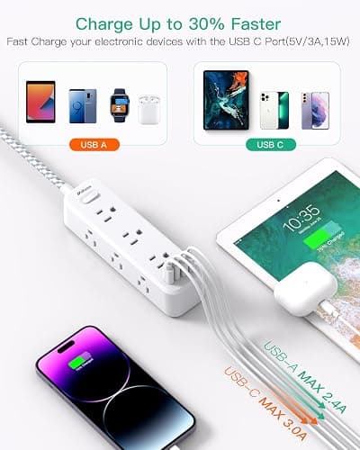 Mifaso Extension Cord, Surge Protector Power Strip, Long Power Strip with 9 Outlets 4 USB Ports, Extension Cord with Multiple Outlets, USB Power Strip for Dorm Room Essentials, College(15FT, White) thumbnail 5