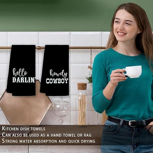 Jvpke Western Bathroom Decor,Couples Gifts,Western Kitchen Bath Towels,Hello Darlin Howdy Cowboy Kitchen Towels Set of 2,Gifts for Couples,Western Dish Towels,Western Hand Towels 16×24 Inch(Black) thumbnail 4