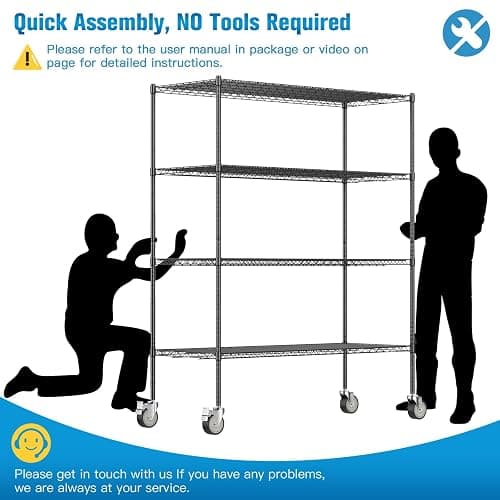 Wire Shelving with Wheels, 60x24x72 Inch, 2000 Lbs Storage Shelves Heavy Duty, Commercial-Grade Adjustable Utility Shelf, NSF-Certified Metal Storage Rack with Shelf Liners, 4-Tier, Matte Black - Matte Black - 4-Tier 60"x24"x72" thumbnail 7