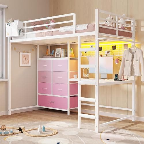 DICTAC Twin Size Loft Bed with L-Shaped Desk and 7 Storage Drawers,Metal Twin Loft Bed for Kids with LED Lights & Charging Station,Girls loft beds with 13.11" H Safety Guardrail and Stair,White+Pink thumbnail 2
