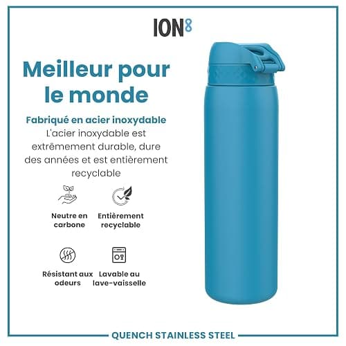ION8 Gourde Inox Léger 1 Litre, Non Isolé, Anti-Fuite, Facile à Ouvrir, Verrouillage Sécurisé, Lavable au Lave-Vaisselle, Poignée de Transport, Acier Inoxydable, 1200ml, Bleu thumbnail 6